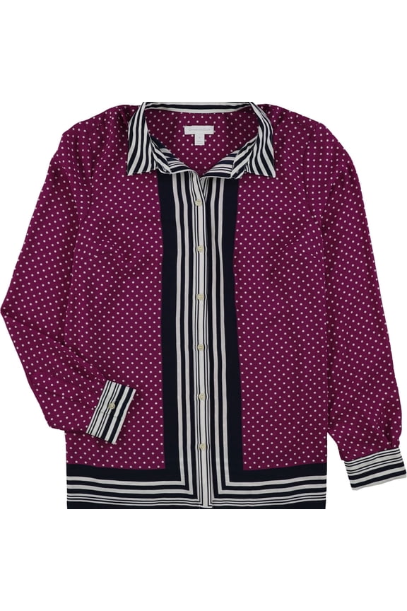 Womens Stripe Dot Print Button Down Blouse, Pink, Small