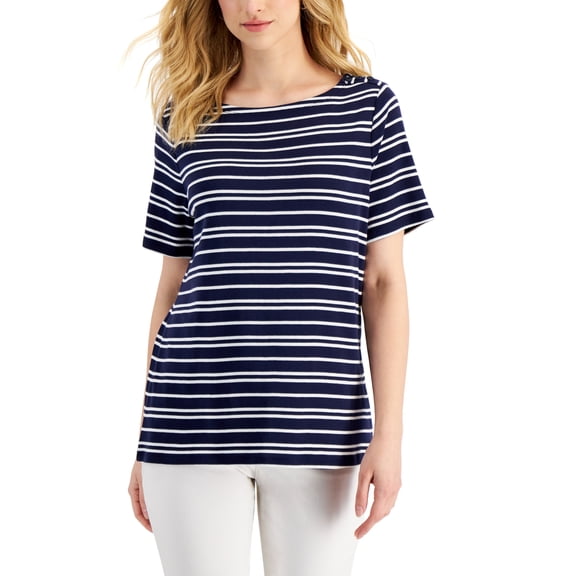 Charter Club Womens Striped Boat Neck Cotton Top Intrepid Blue Combo Stripe S