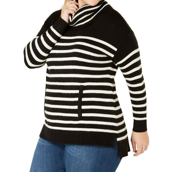 Charter Club Womens Striped Cowl Neck Pullover Sweater, Black, Plus Size, 2X