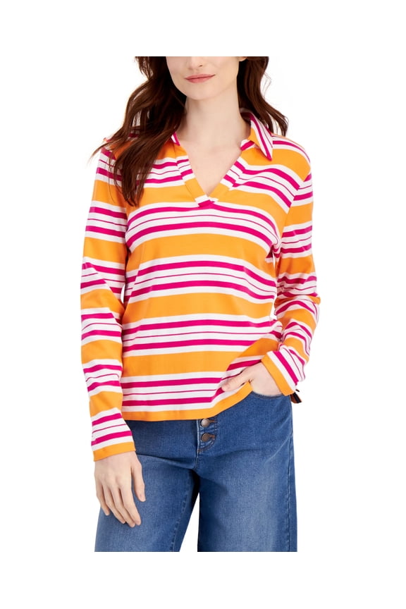 Womens Striped Johnny Collar Top Orange Paradise Combo L