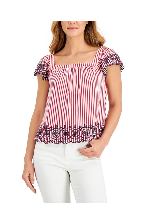 Womens Striped Square Neck Top Red Barn XL