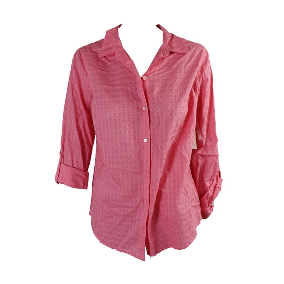 Charter Club Womens Taffy Pink Textured Windowpane-Print Shirt 10