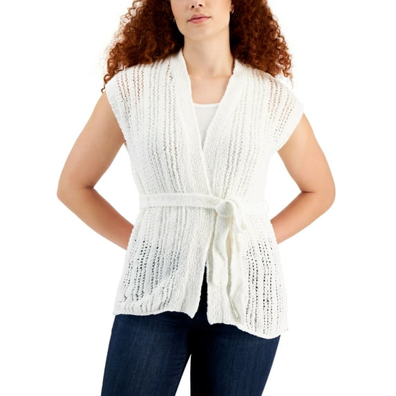 Charter Club Womens Tie Front Cardigan Bright White M