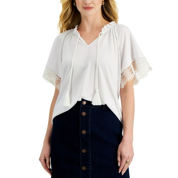Charter Club Womens Tie Neck Eyelet Trim Top Bright White XS