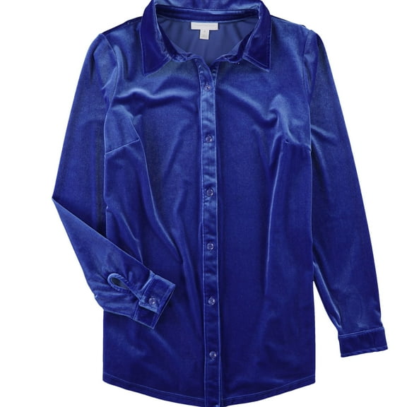 Charter Club Womens Velour Button Up Shirt, Blue, Medium