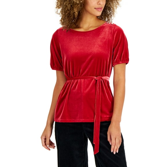 Charter Club Womens Velvet Tie Waist Top New Pure Red S