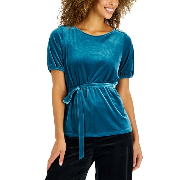 Charter Club Womens Velvet Tie Waist Top Teal Simplicity XL