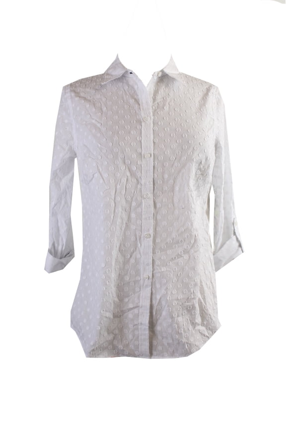 Womens White Roll-Tab-Sleeve Textured Dot Shirt 4