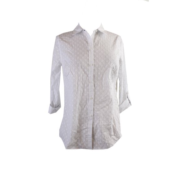 Charter Club Womens White Roll-Tab-Sleeve Textured Dot Shirt 4
