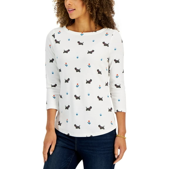 Charter Club Womens Womens Printed Dogs Flowers Boatneck Top Bright White Combo XL
