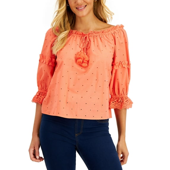 Charter Club Womens Woven Eyelet Off-The-Shoulder Top Hot Coral XL