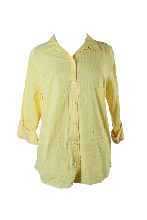 Womens Yellow Textured Windowpane-Print Button-Down Shirt 14