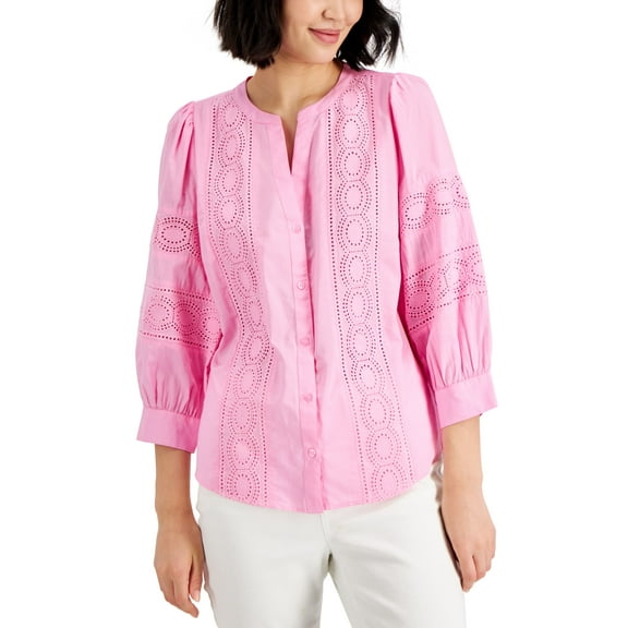 Charter Club Woven Eyelet Cotton Blouse Bubble Bath XS