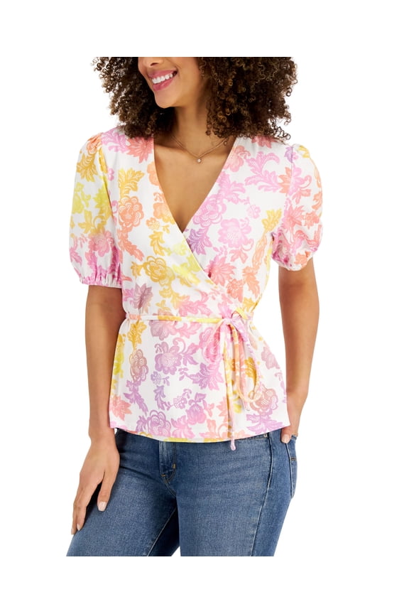Wrap Front Puff Sleeve Printed Top Cloud Combo S