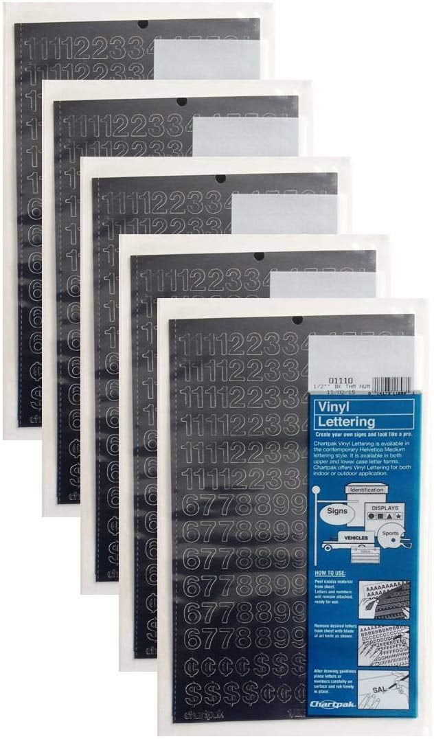 Chartpak 1/2-inch Black Stick-on Vinyl Numbers (01110), 5 PACKS