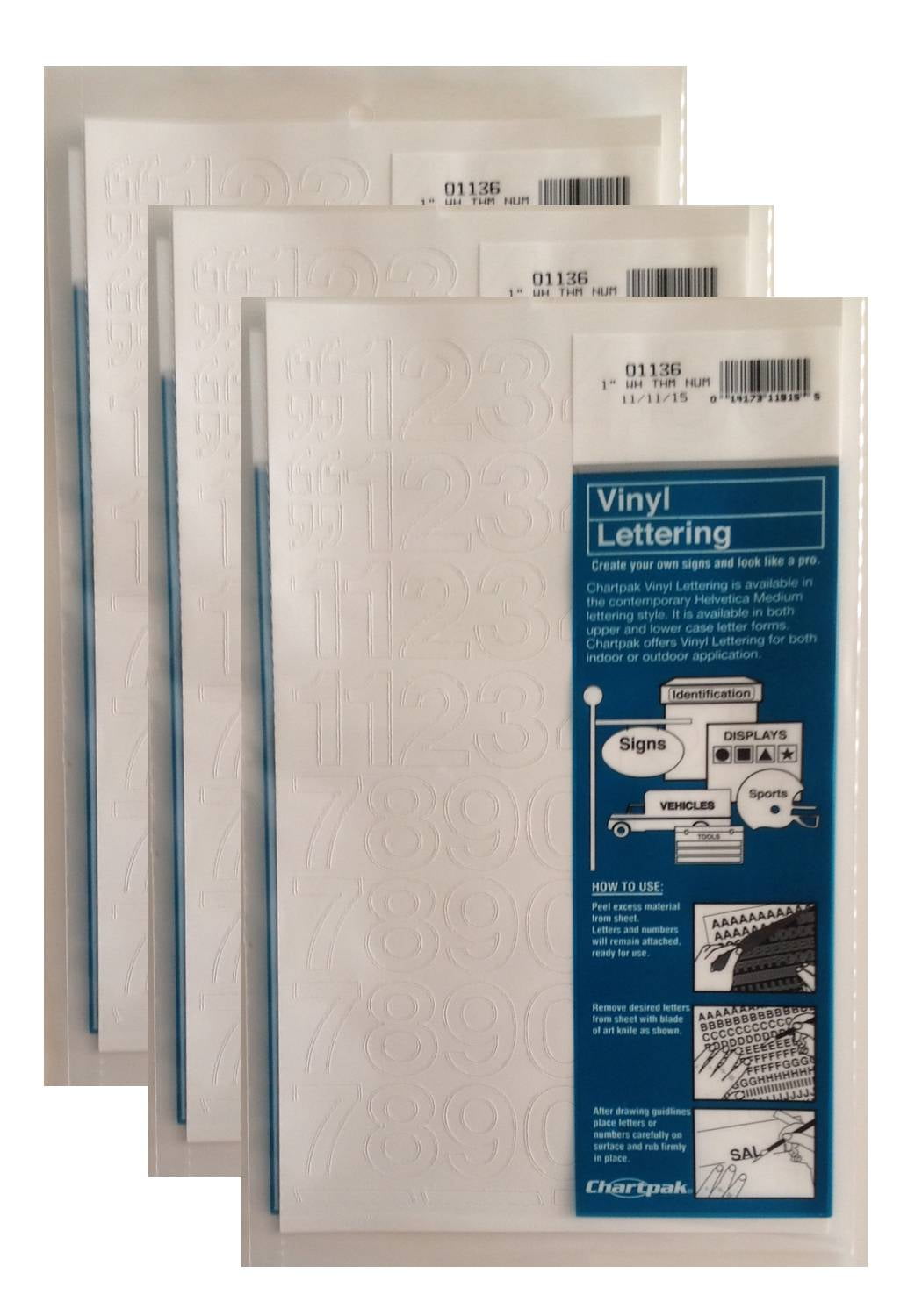 Chartpak 1-inch White Stick-on Vinyl Numbers (01136), 3 PACKS