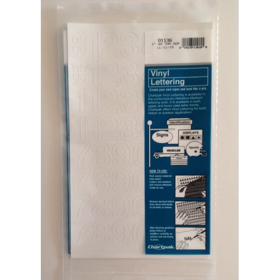 Chartpak 1-inch White Stick-on Vinyl Numbers (01136), 5 PACKS