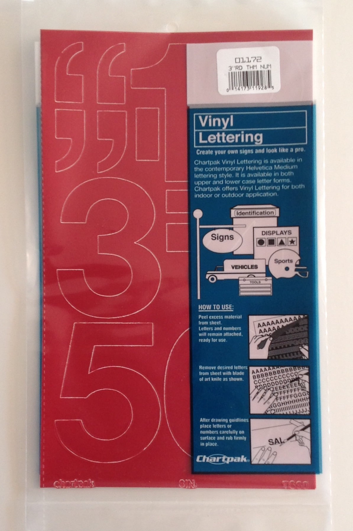 Chartpak 3-inch Red Stick-on Vinyl Numbers (01172), 3 PACKS