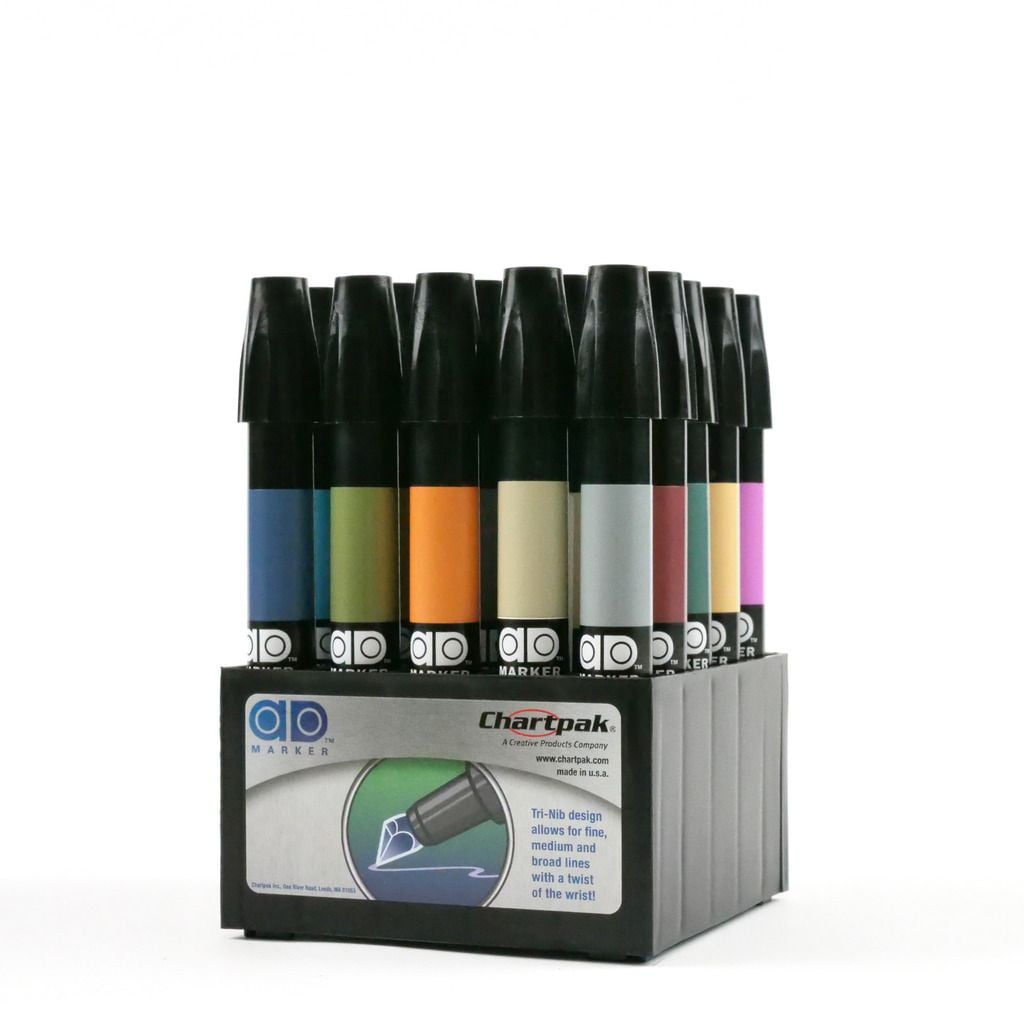 The Original Chartpak AD Markers, Tri-Nib, 12 Assorted Portrait Colors in  Reusable Plastic Carrying Case, 1 Each (FLT12) 