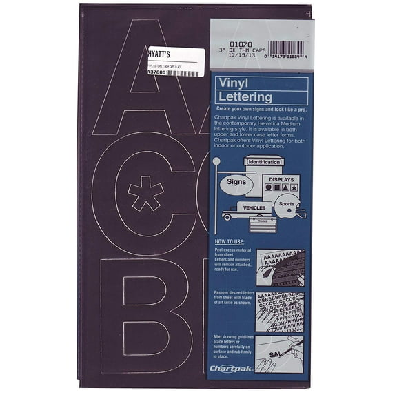 Chartpak Press-On Vinyl Uppercase Letters, Self Adhesive, Black, 3"H, 50/Pack
