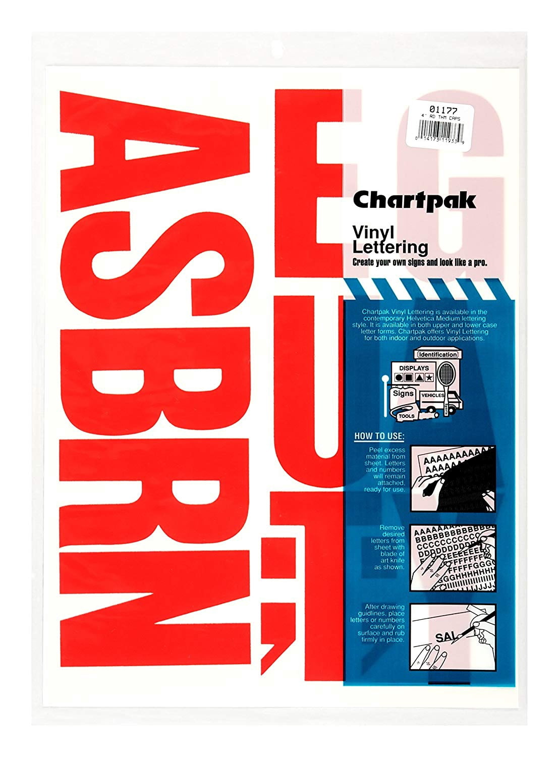 Chartpak Self-Adhesive Vinyl Capital Letters, 4 Inches High, Red, 58 per Pack (01177)