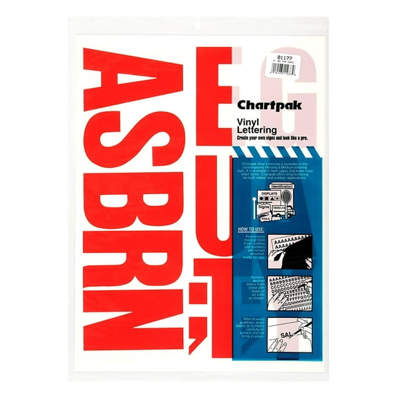 Chartpak Self-Adhesive Vinyl Capital Letters, 4 Inches High, Red, 58 per Pack (01177)