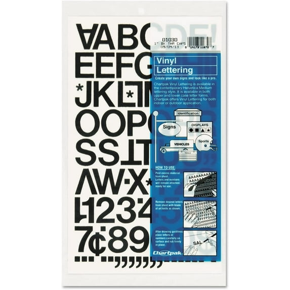 Chartpak 01030 Press-On Vinyl Letters & Numbers, Self Adhesive, Black, 1-Inch h, 88/Pack