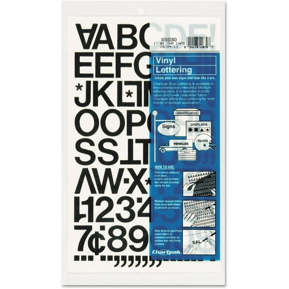 Chartpak 01030 Press-On Vinyl Letters & Numbers, Self Adhesive, Black, 1-Inch h, 88/Pack