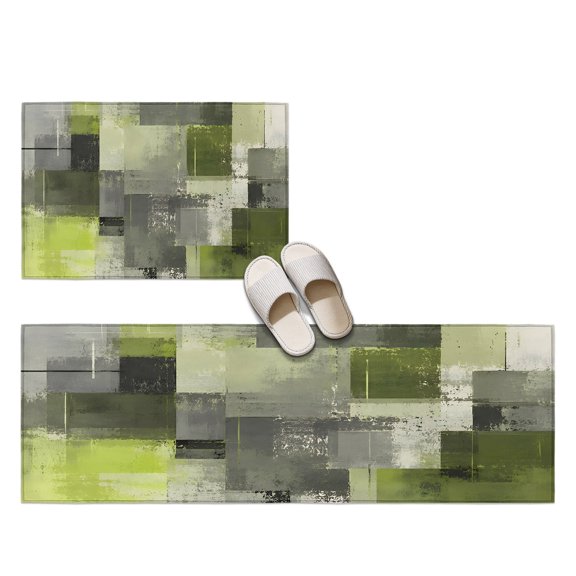 Chartreuse Block 2 Pieces Non-Slip Kitchen Mat Set, Abstract Minimalist Olive Wash Ink Splatter Soft Door Mat with Rubber Backing, Dirtproof Rugs for Entrance Doorway, 19.7x31.5in+19.7x47.2in