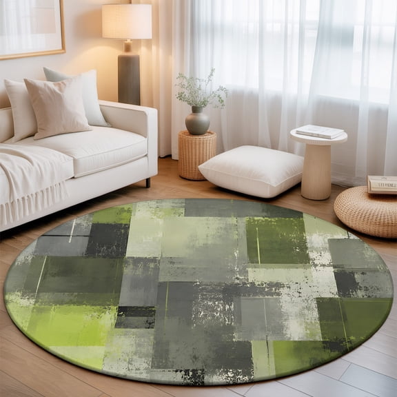 Chartreuse Block 6' Round Rugs for Living Room Under Coffee Table, Abstract Minimalist Olive Wash Ink Splatter Soft Sturdy Washable Non Slip Circle Kitchen Floor Area Rug