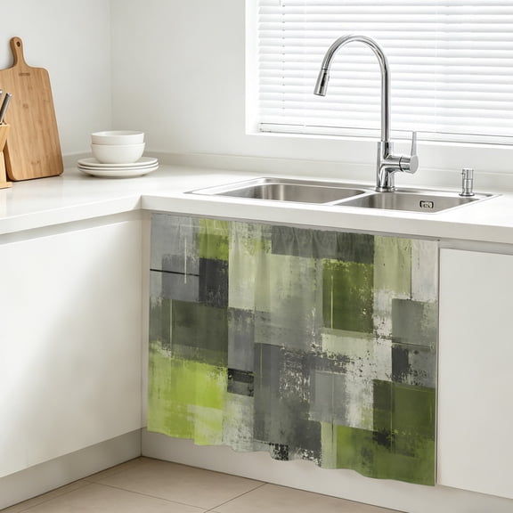 Chartreuse Block Cabinet Curtain, Abstract Minimalist Olive Wash Ink Splatter Sink Skirt for Bathroom, Under Sink shelf Curtain Privacy Drape for Kitchen Laundry Room 10x11in