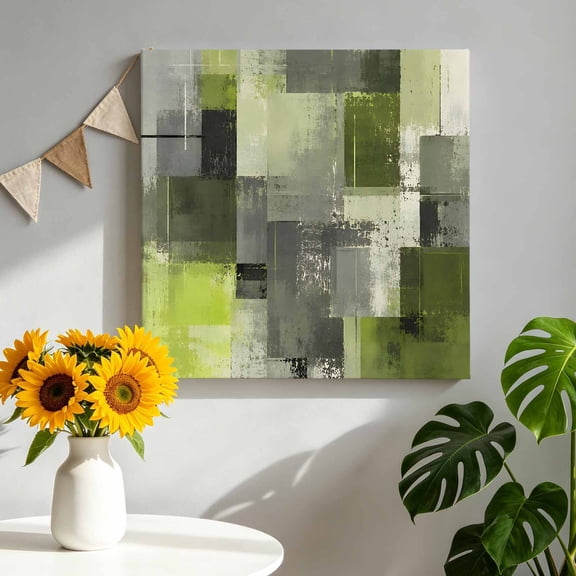Chartreuse Block Canvas Wall Art Framed Wall Decor for Living Room Bedroom Bathroom, Abstract Minimalist Olive Wash Ink Splatter Canvas Pictures Ready to Hang Decor, 8"x8"