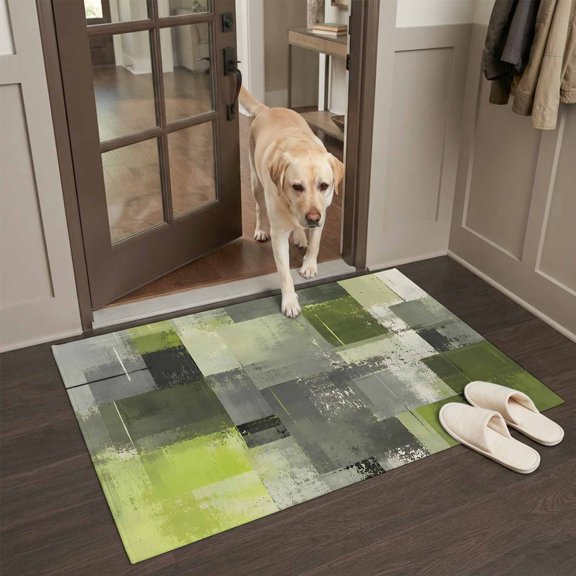 Chartreuse Block Front Door Rugs 2x3ft Abstract Minimalist Olive Wash Ink Splatter Washable Rug, Non Slip Indoor Carpet Absorbent Floor Mat for Living Room Bedroom Dining Room