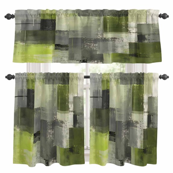 Chartreuse Block Kitchen Curtains Valances 3 Piece Set, Abstract Minimalist Olive Wash Ink Splatter Rod Pocket Tier Curtain and Valance Drapes for Small Window 36 Inch Length for Bedroom Cafe