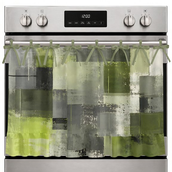 Chartreuse Block Oven Skirt Curtain, 27x20 Inch Abstract Minimalist Olive Wash Ink Splatter Kitchen Tie Top Oven Curtain for Door, Decorative Stove Skirt Dishwasher Cover With Ribbon Ties