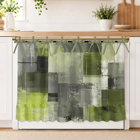 Chartreuse Block Oven Skirt Curtain for Kitchen Decor 30 x 21.5 Inch Abstract Minimalist Olive Wash Ink Splatter Ruffle Oven Door Cover with Ties, Decorative Oven Skirt for Dishwasher, Stove, Cabinet