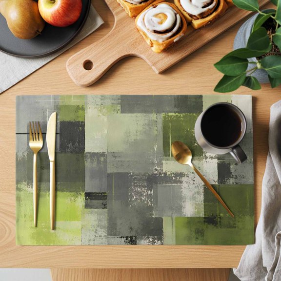 Chartreuse Block Placemats Set of 12, Abstract Minimalist Olive Wash Ink Splatter Non-Slip Place Mats Washable Table Mats for Kitchen Dining Table Decorations Indoor/Outdoor
