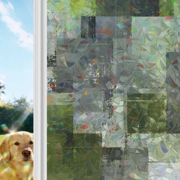 Chartreuse Block Rainbow Window Privacy Film, Abstract Minimalist Olive Wash Ink Splatter Stained Glass Window Film, Sun Blocking Glass Clings Non Adhesive Door Stickers 17.7 x 39.3 Inches