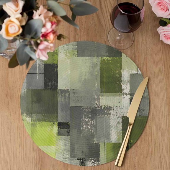 Chartreuse Block Round Braided Placemats Set of 4, Abstract Minimalist Olive Wash Ink Splatter Heat Insulation Place Mats Washable Non-Slip Table Mats for Kitchen Dining Party, 15 Inches