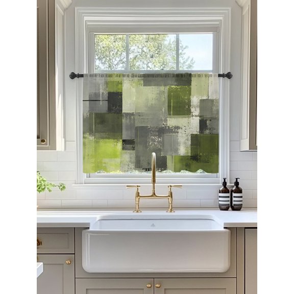 Chartreuse Block Sheer Curtains 45 Inch Long 1 Panel Abstract Minimalist Olive Wash Ink Splatter Rod Pocket Voile Cafe Curtains Light Filtering Small Window Treatments for Kitchen Basement 52" x 45"