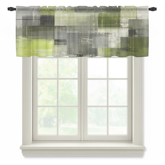 Chartreuse Block Sheer Valances for Windows, Abstract Minimalist Olive Wash Ink Splatter Semi Sheer Kitchen Valance Rod Pocket Small Voile Window Curtains for Living Room Bedroom 42 x 12 Inch
