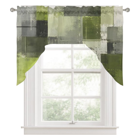 Chartreuse Block Swag Curtain Valance for Windows, Abstract Minimalist Olive Wash Ink Splatter Swag Curtains Drapes Rod Pocket for Kitchen Bathroom Small Window, 1 Panel 56x36in