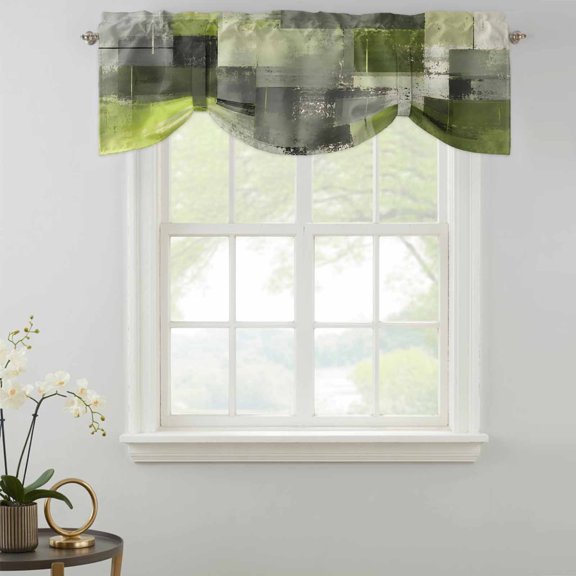 Chartreuse Block Tie Up Valances Curtain, Abstract Minimalist Olive Wash Ink Splatter Kitchen Valances for Windows Decor, Rod Pocket Short Curtains Set for Bedroom/Bathroom, 42"x12"
