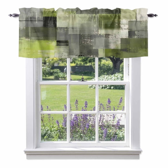 Chartreuse Block Valance Curtain 1 Panel, Abstract Minimalist Olive Wash Ink Splatter Kitchen Valance with Rod Pocket Window Treatment Short Curtains for Bathroom Bedroom, 42 x 12 Inches