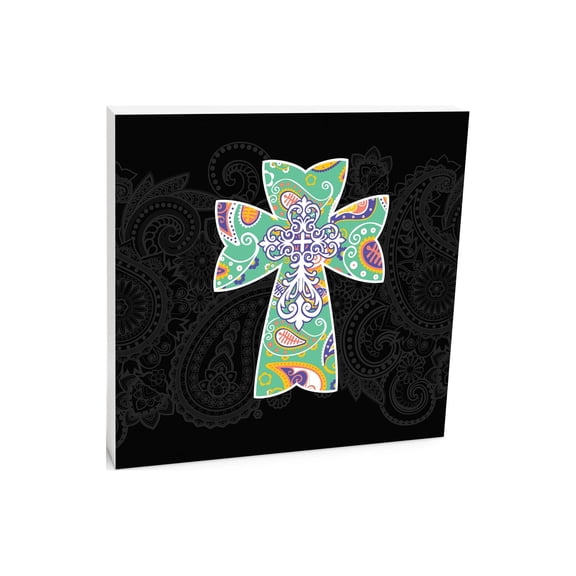 Chartreuse Cross Black Grey Paisley 10 x 10 Wood Tabletop Sign Plaque