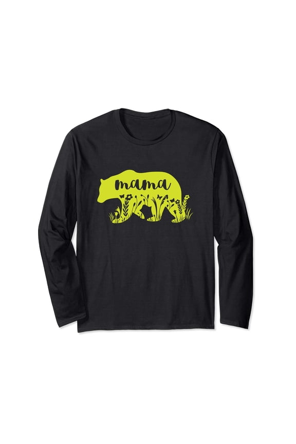 Chartreuse Floral Mama Bear Long Sleeve T-Shirt for Trendy Moms on Mother's Day