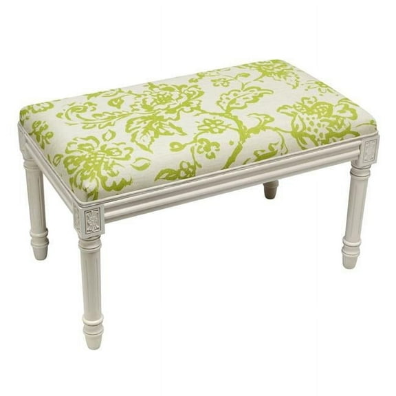 Chartreuse Toile Upholstered Wooden Bench, Antique White