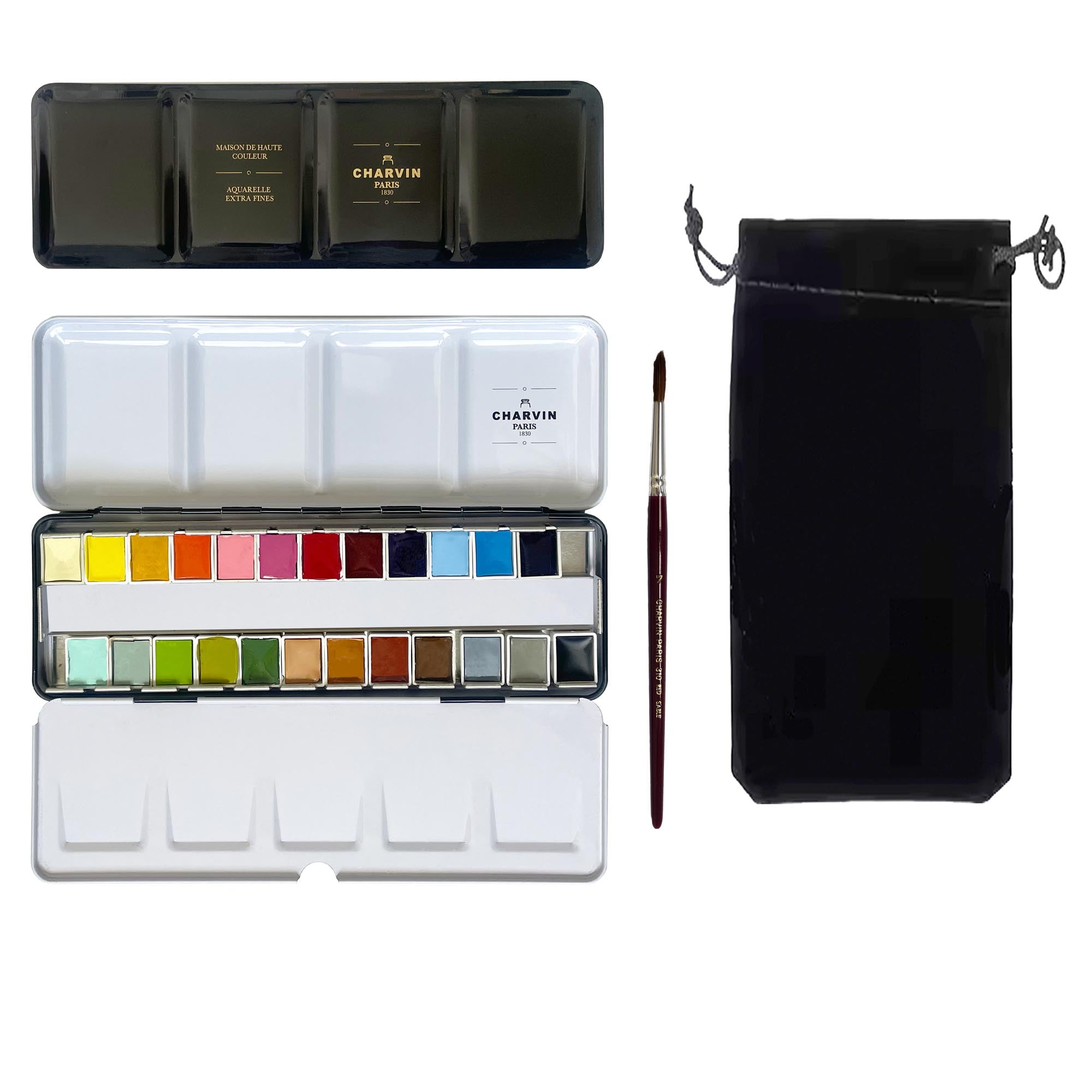 Charvin Extra-Fine Professional Watercolor Paint Set -  Watercolor Half Pan Set of 24, Made in France, Smooth Shellac-Like Finish, Transparent Pigments, Ideal for Layering & Mixed Media