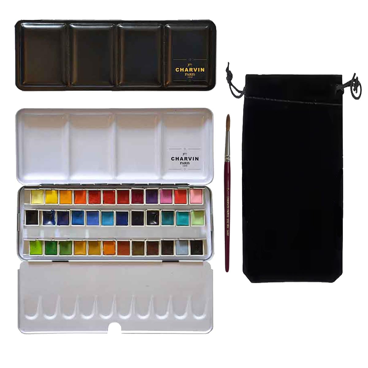 Charvin Extra-Fine Professional Watercolor Paint Set -  Watercolor Half Pan Set of 36, Made in France, Smooth Shellac-Like Finish, Transparent Pigments, Ideal for Layering & Mixed Media