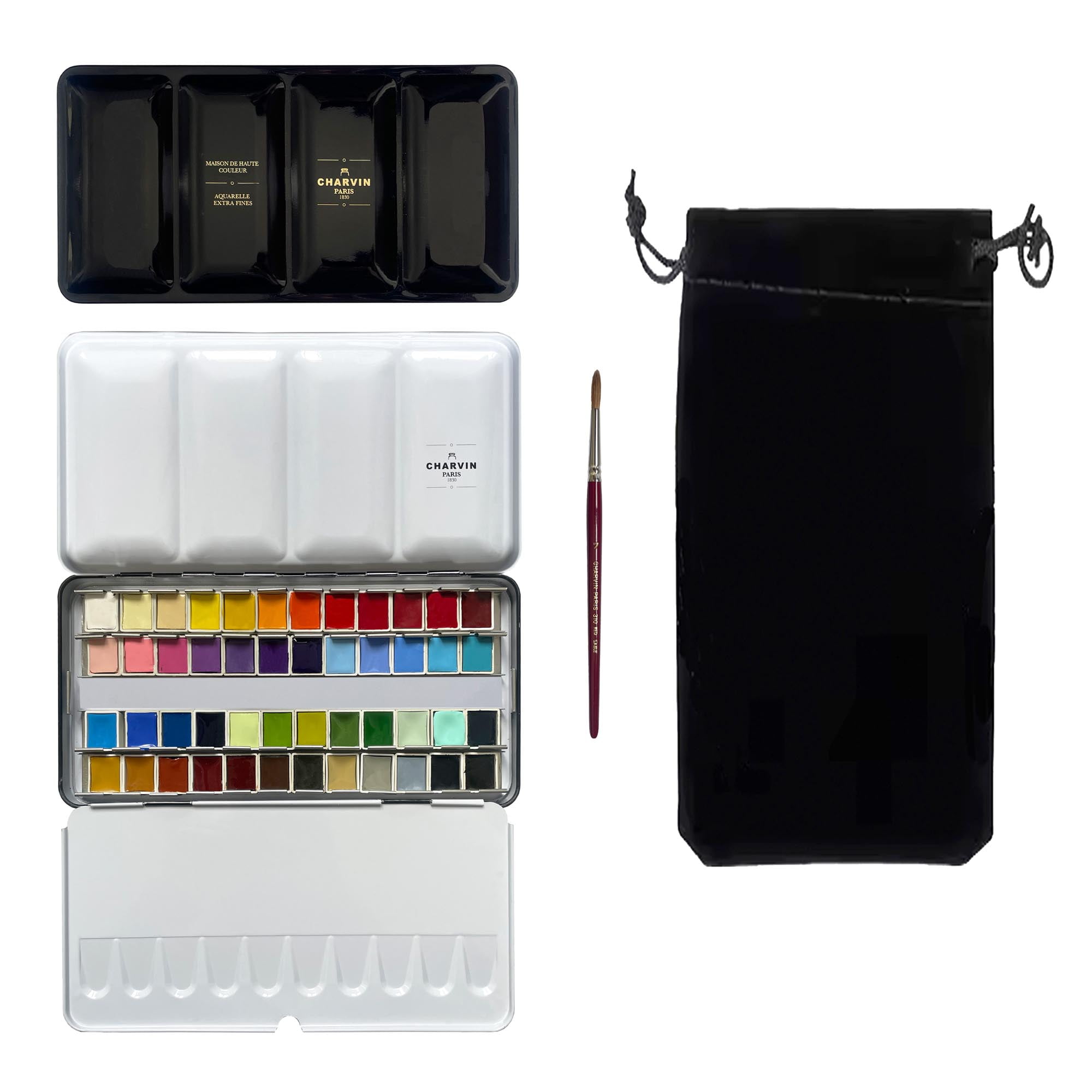 Charvin Extra-Fine Professional Watercolor Paint Set -  Watercolor Half Pan Set of 48, Made in France, Smooth Shellac-Like Finish, Transparent Pigments, Ideal for Layering & Mixed Media